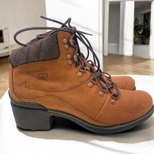Merrell Heeled Leather Hiking Boots • Waterproof • Chunky Sole Size 10 Tan/Brown